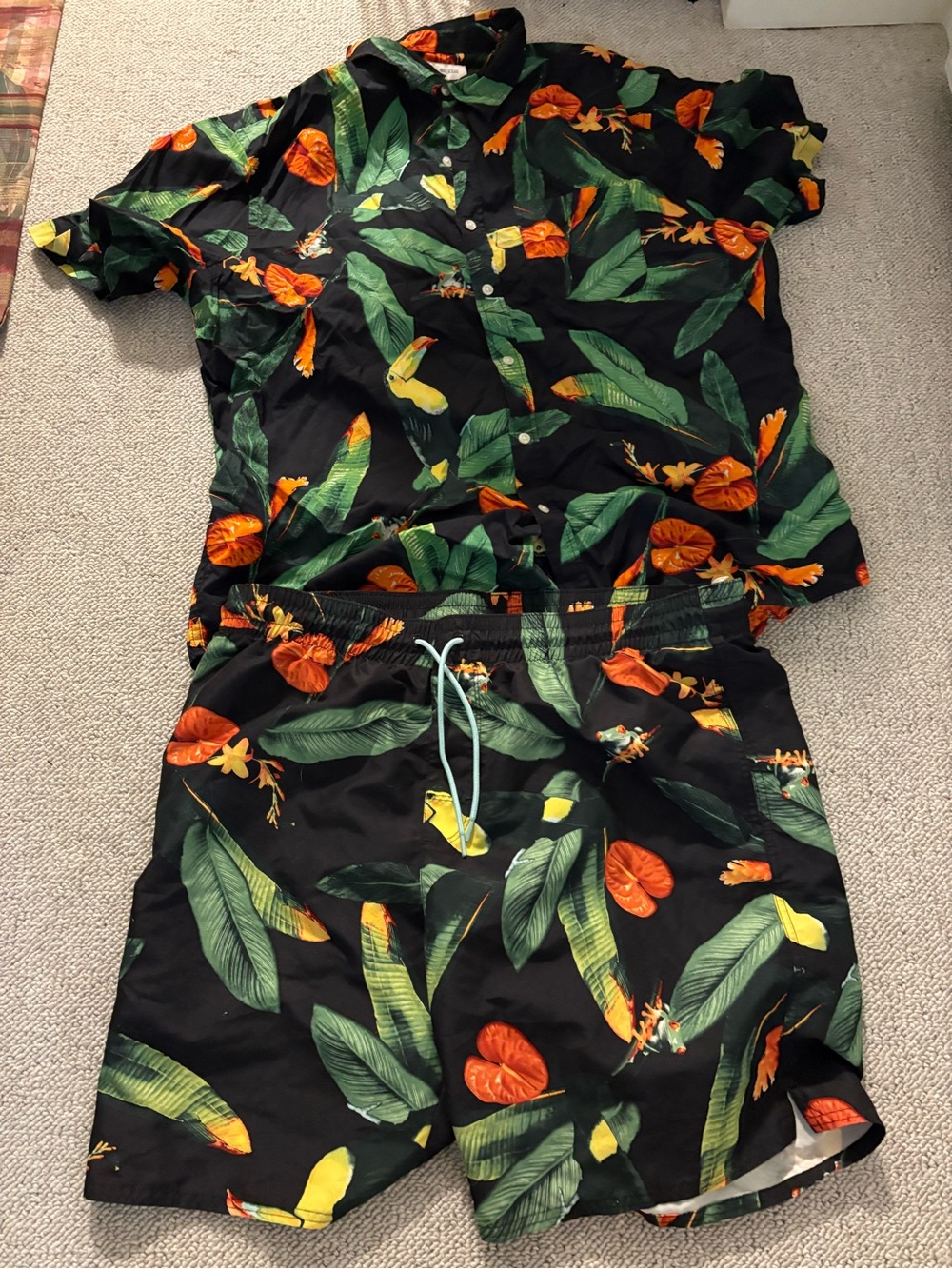 Black Tropical Leaf & Floral Two-Piece Shirt and Shorts Set